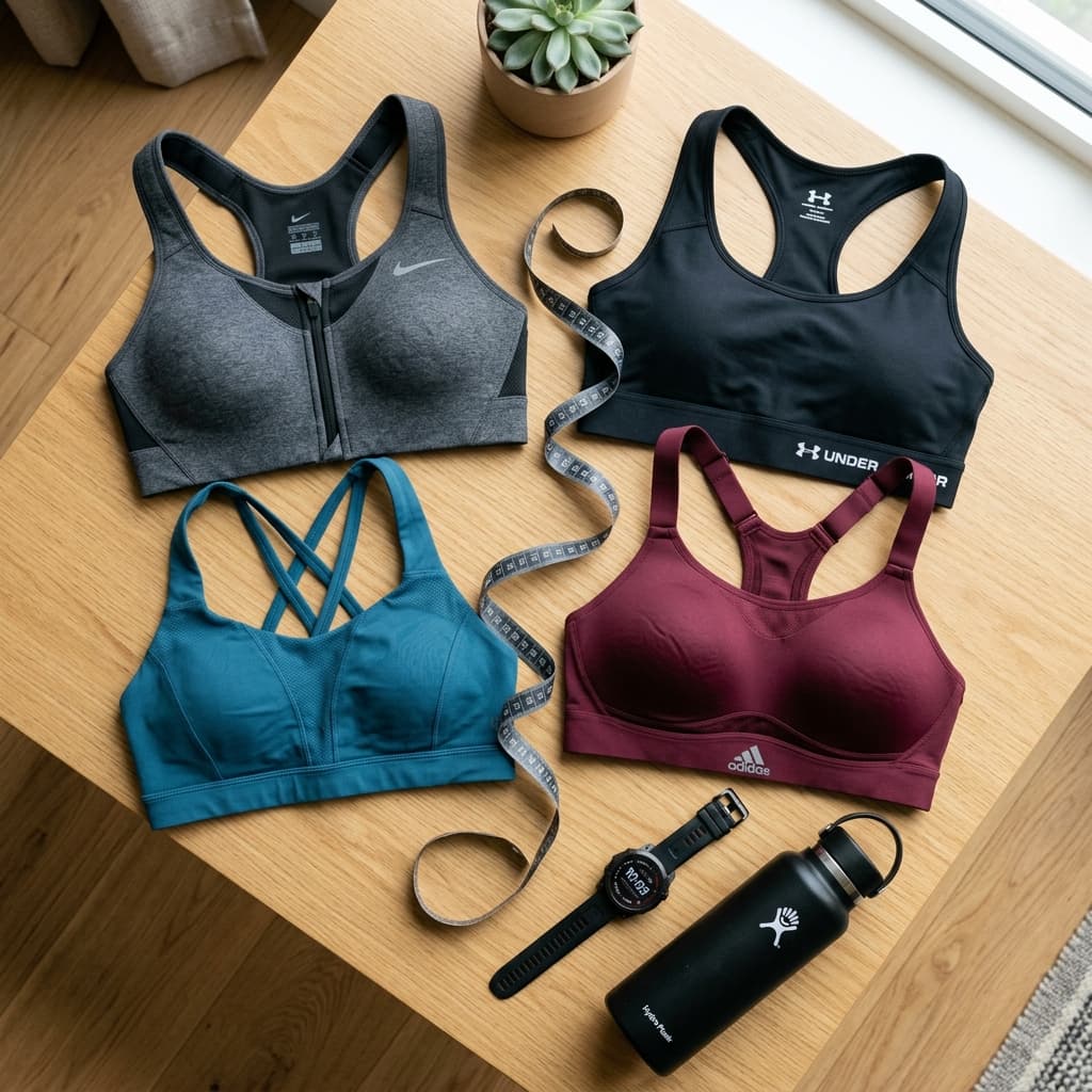 Flatlay of high-performance compression and encapsulation sports bras with measuring tape and fitness watch