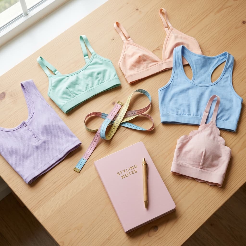 Aesthetic flatlay of soft pastel starter crop tops, bralettes, and measuring tape