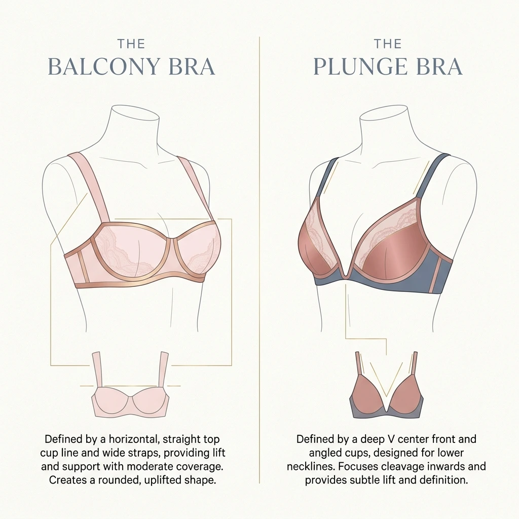 Visual comparison diagram between a Balcony Bra with straight top edge and wide straps versus a Plunge Bra with deep V center