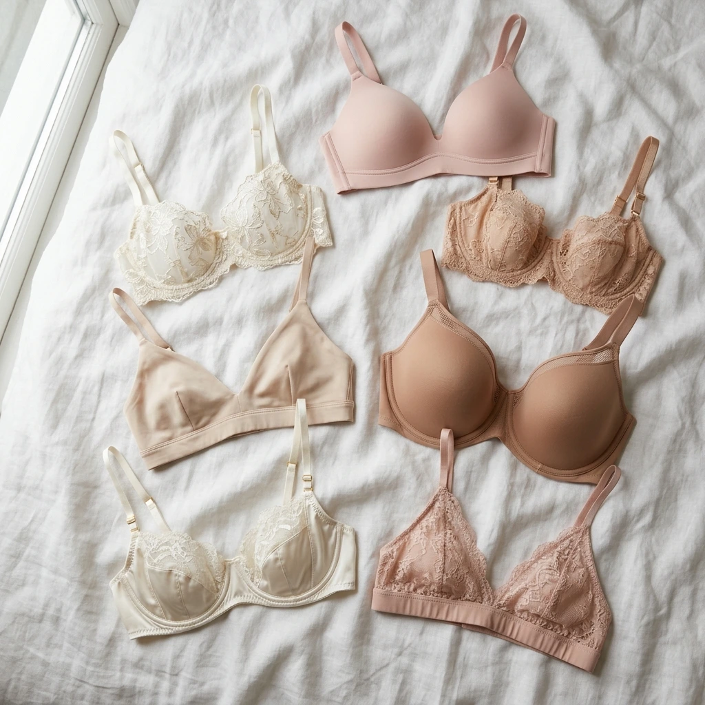 Flat-lay of premium bras in blush, ivory and nude tones representing specialist fuller-bust ranges