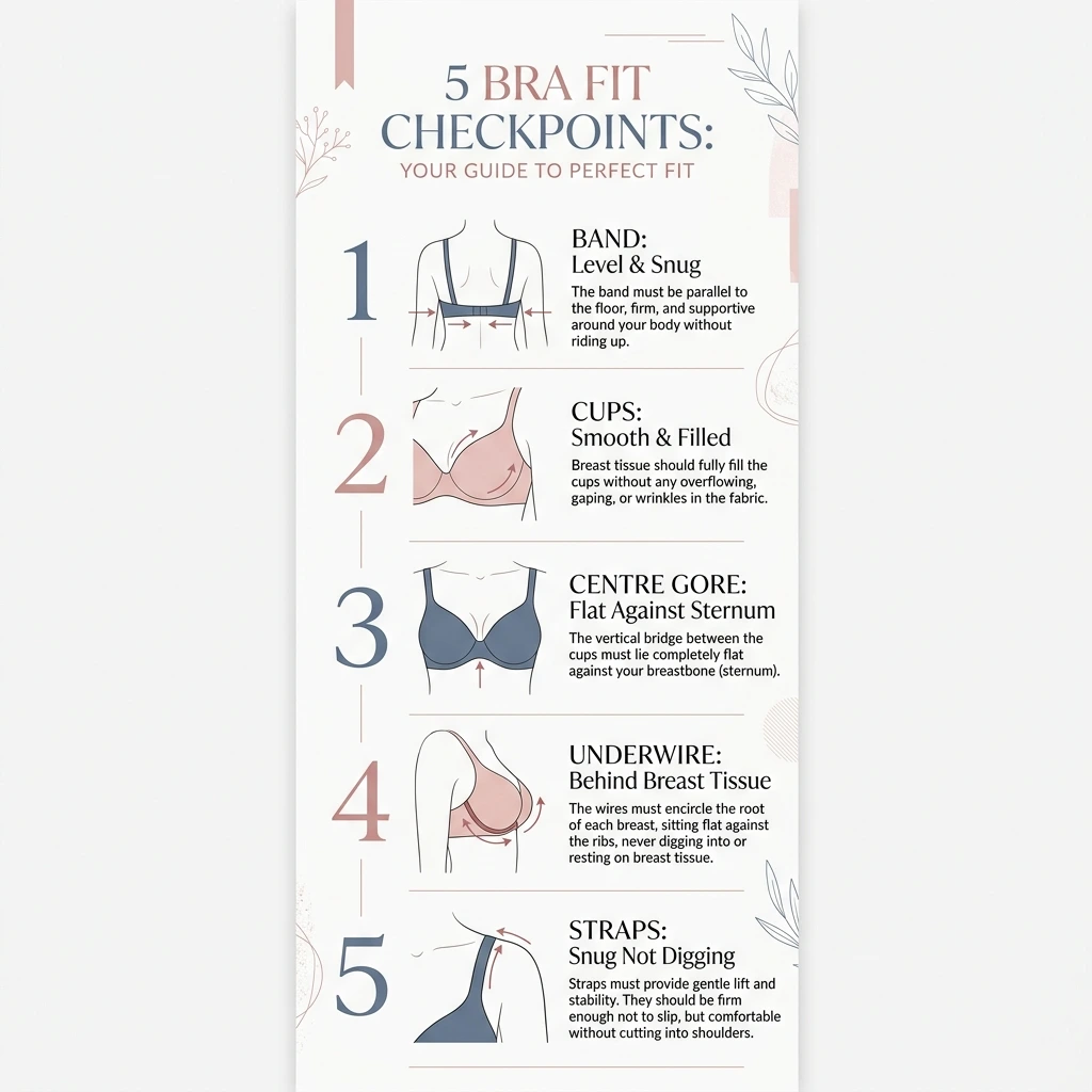 5-point bra fit checkpoint infographic: Band level and snug, Cups smooth and filled, Centre Gore flat against sternum, Underwire behind breast tissue, Straps snug not digging