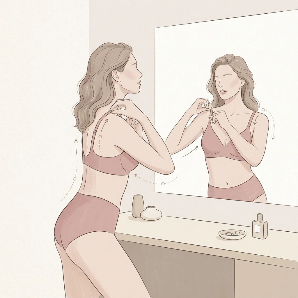 Illustrated diagram of a woman in front of a mirror leaning forward to adjust her bra, demonstrating the scoop and swoop technique