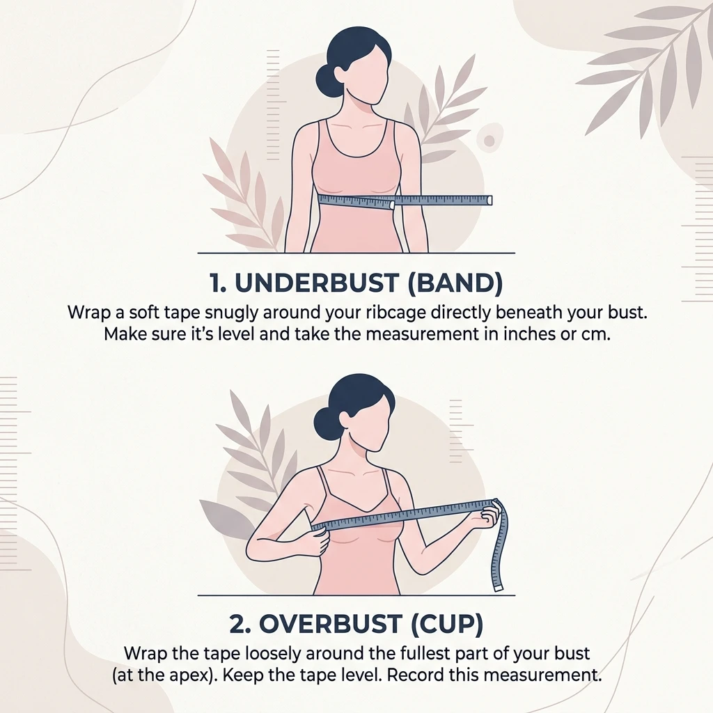 Instructional visual guide showing how to measure underbust band and overbust cup size with a soft tape measure