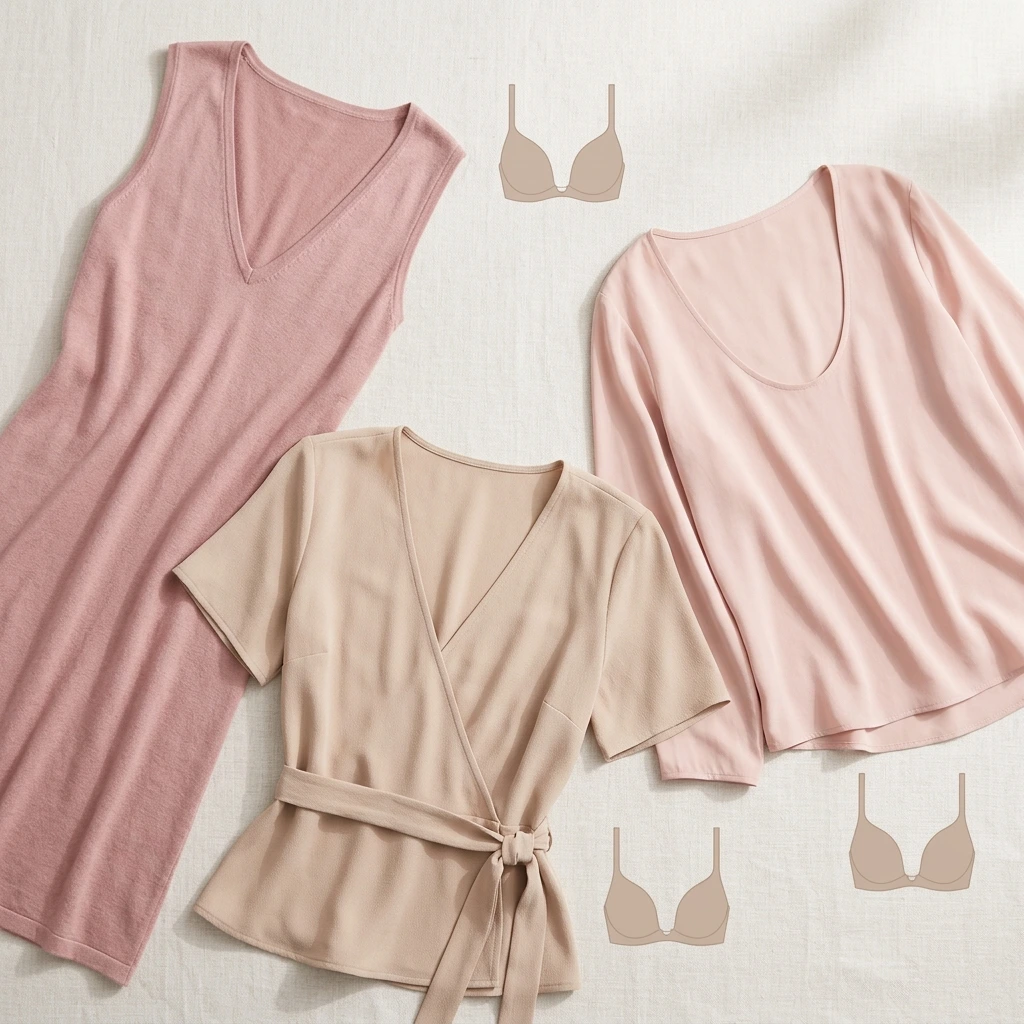 Flat-lay showing V-neck dress, wrap top, and low-cut blouse — the necklines a plunge bra is built for
