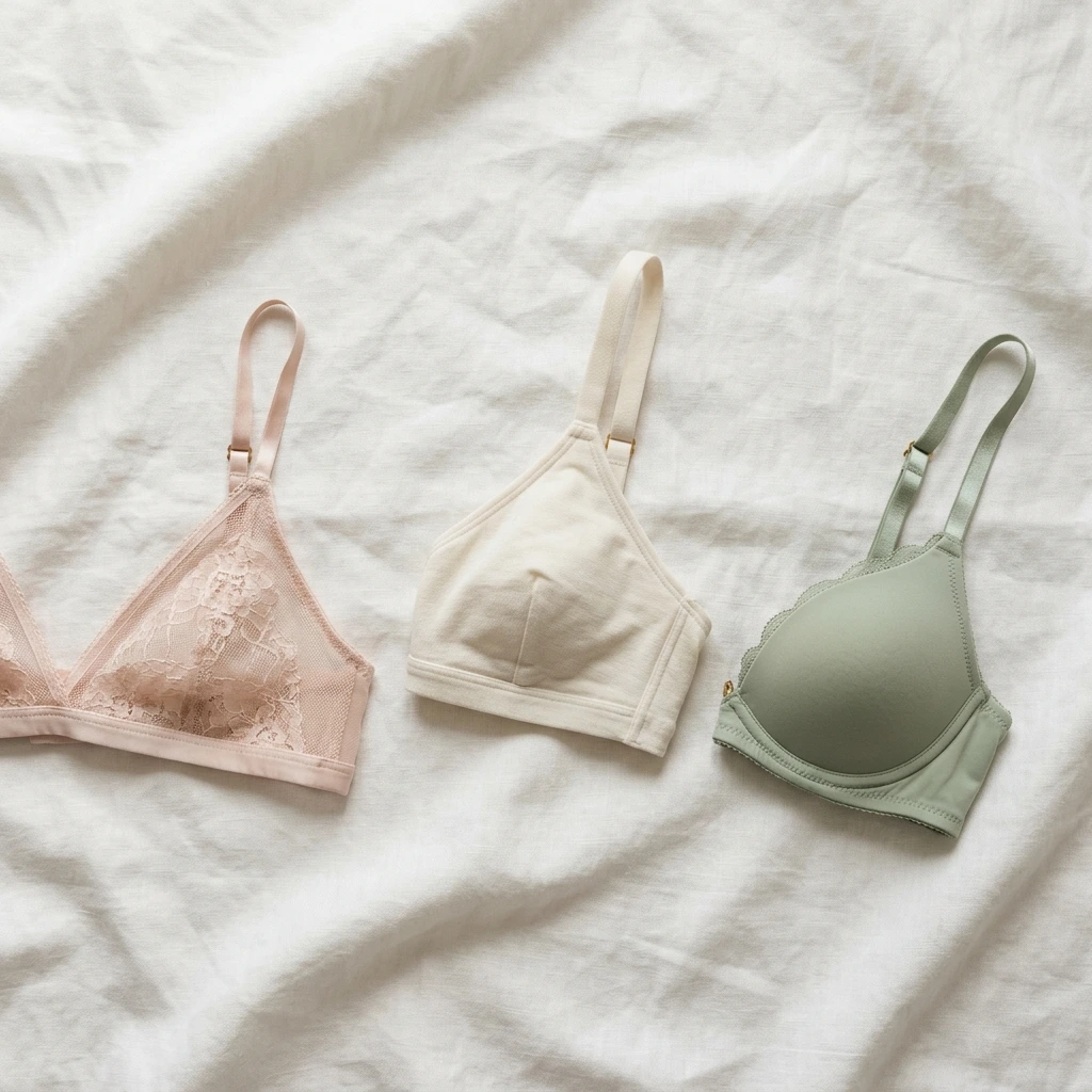 Flat-lay of three small-bust bras: blush lace triangle bralette, ivory soft-cup wireless, and sage green lightly-lined plunge style