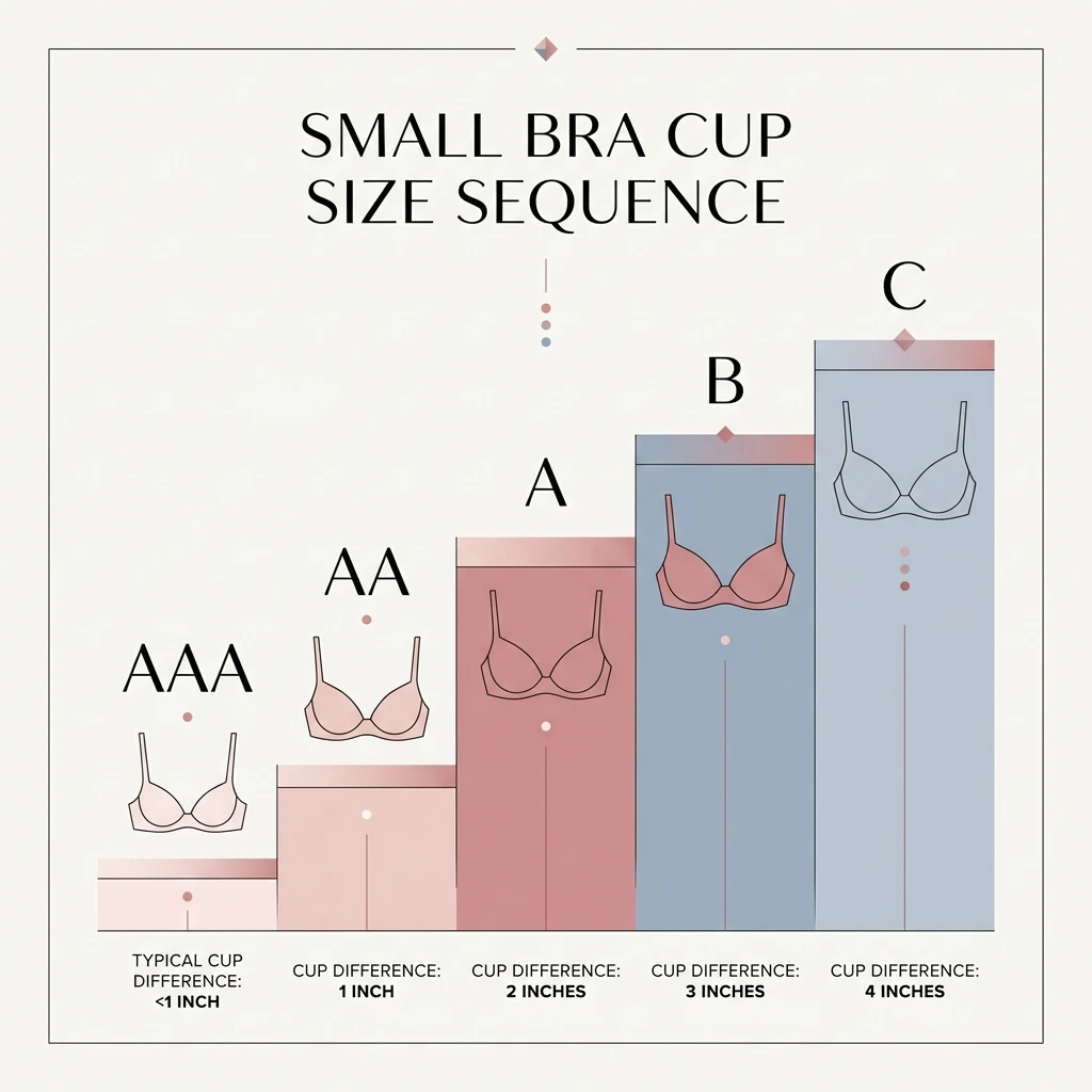 Bar chart showing the small bra cup size sequence from AAA up to C, with cup difference in inches labelled under each step