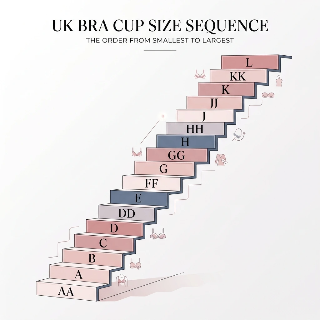Staircase diagram showing the UK bra cup size sequence from AA up to L, including doubled letters DD, FF, GG, HH, JJ, KK